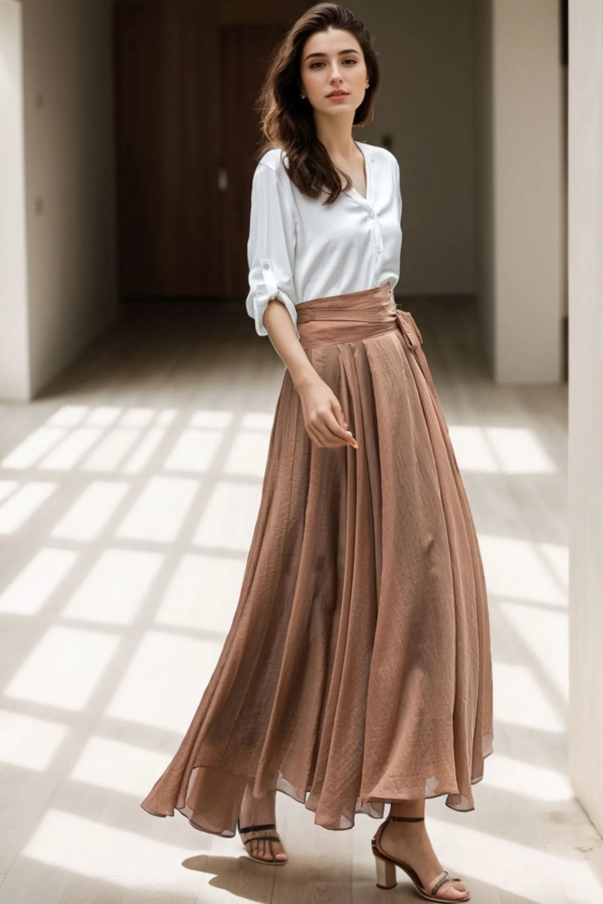 Brown Chiffon Circle Maxi Skirt - High Waist Self-Tie Belt 