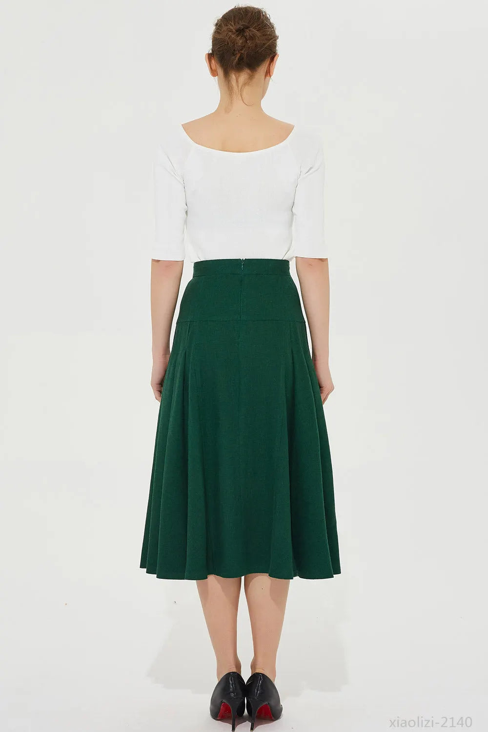 Midi Linen Skirt in Forest Green - High-Waisted Pleated A-Line 2140