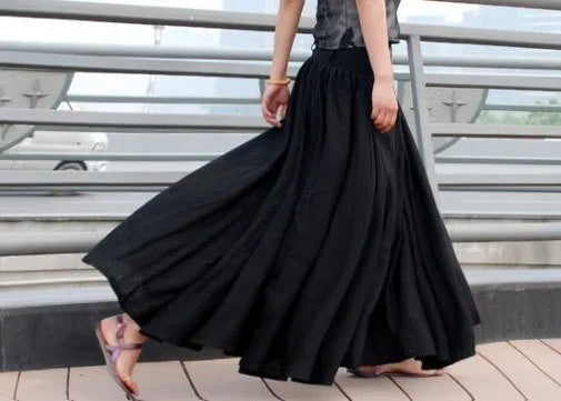 Black Soft Linen Maxi Skirt - High Waisted Full Pleated with Pockets MM67