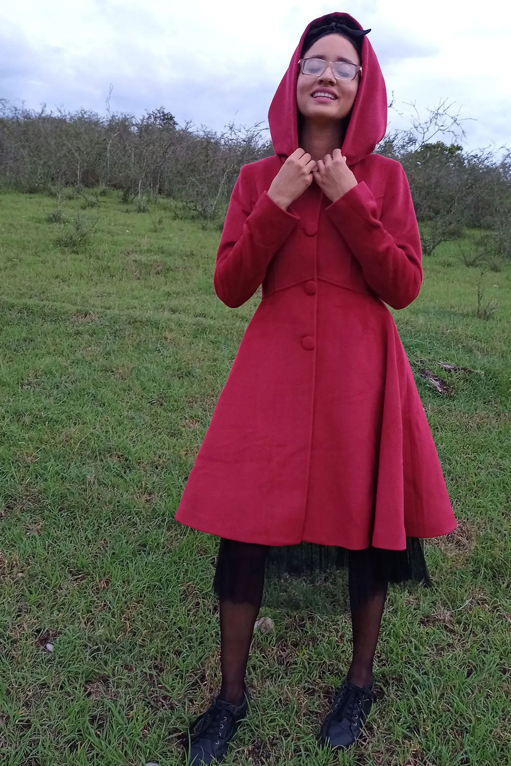 Red Wool Hooded Coat - Fit and Flare Swing Silhouette 3226