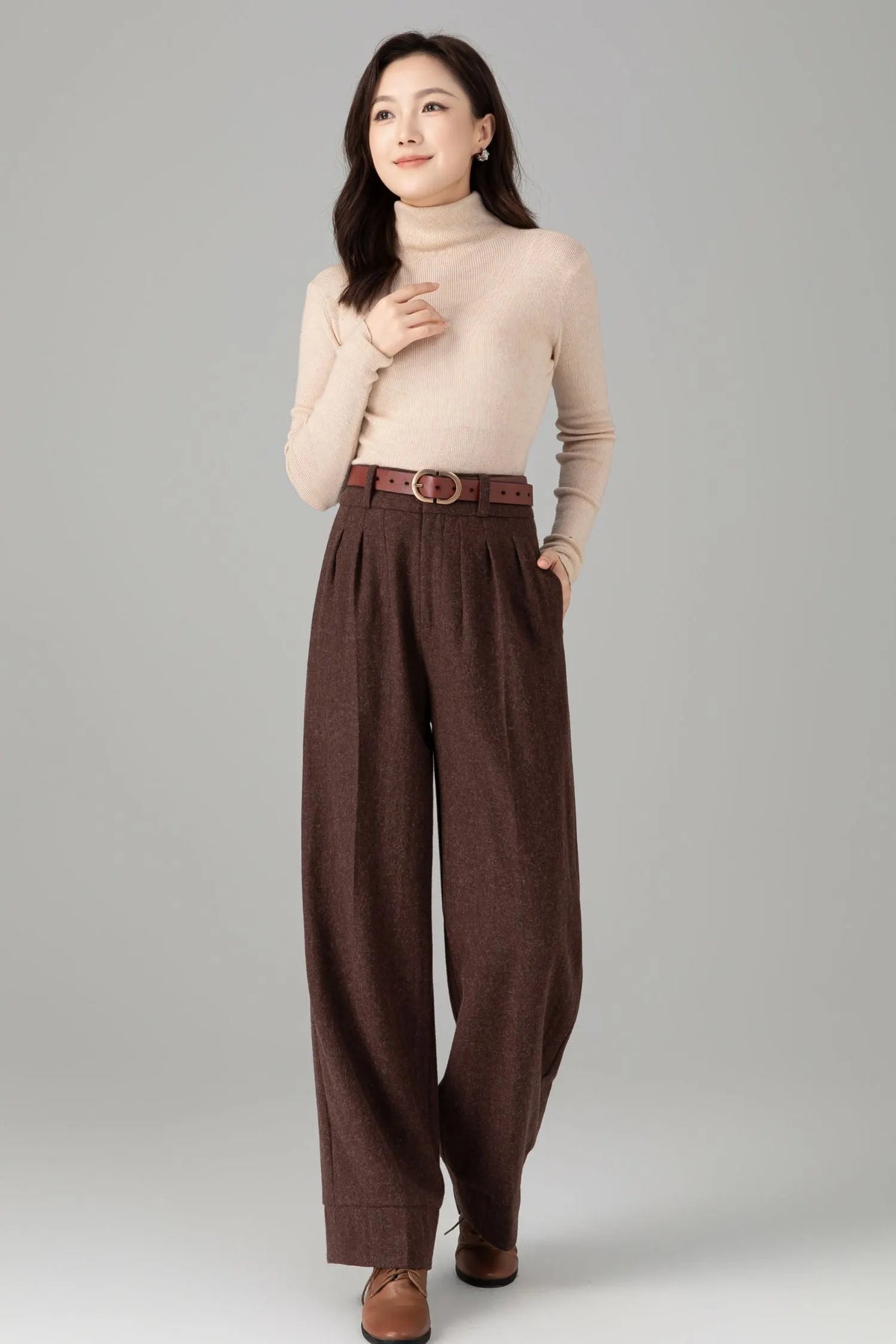 Women’s Chocolate Wool Trousers – Elegant Handmade High-Waist Pants 