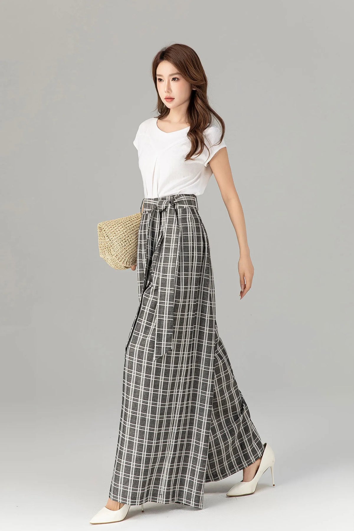 Black & White Linen Pants - Wide Leg, High Waisted with Tie Belt 4928