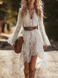 Vintage Western Style V-Neck Irregular Flared Sleeve Lace Midi Dress