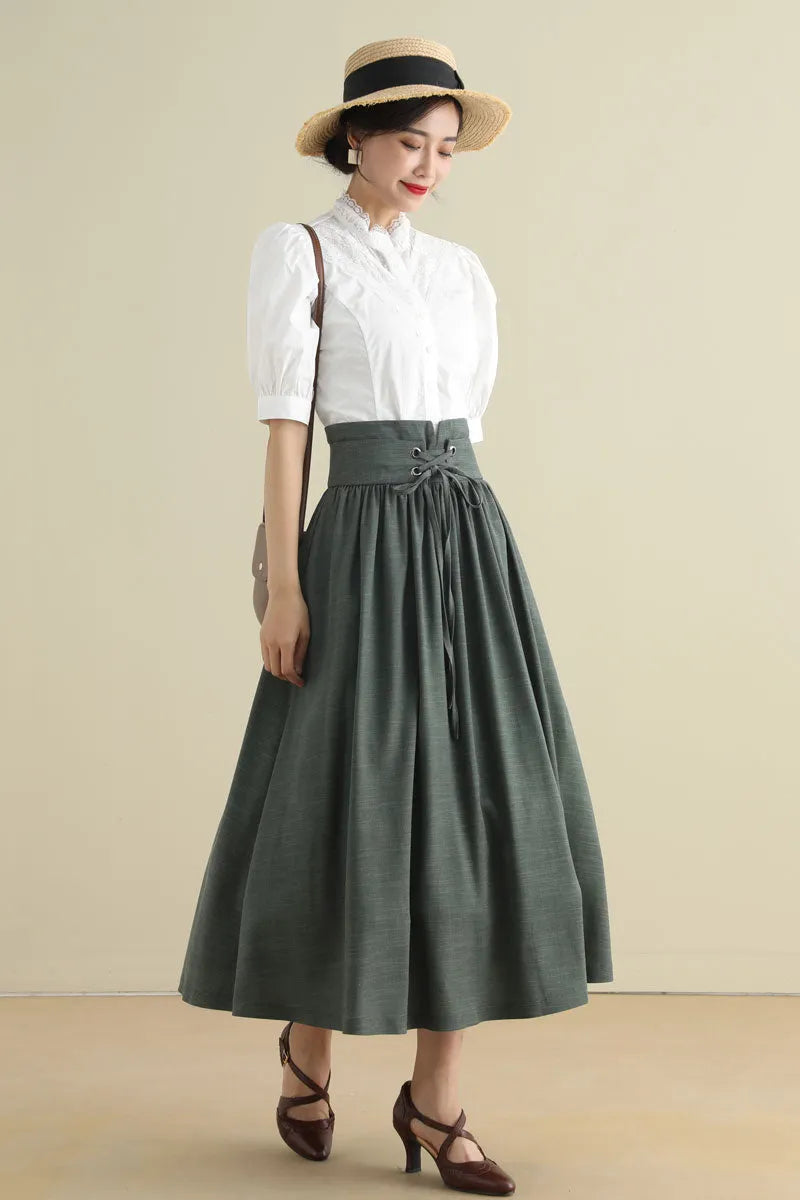 Green Linen Cotton Midi Skirt - Pleated High Waist with Drawstring 2788
