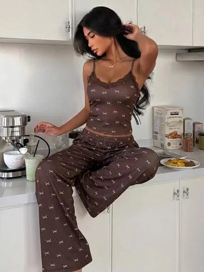 Pink Bow Lace Patchwork Cami Pajama Set