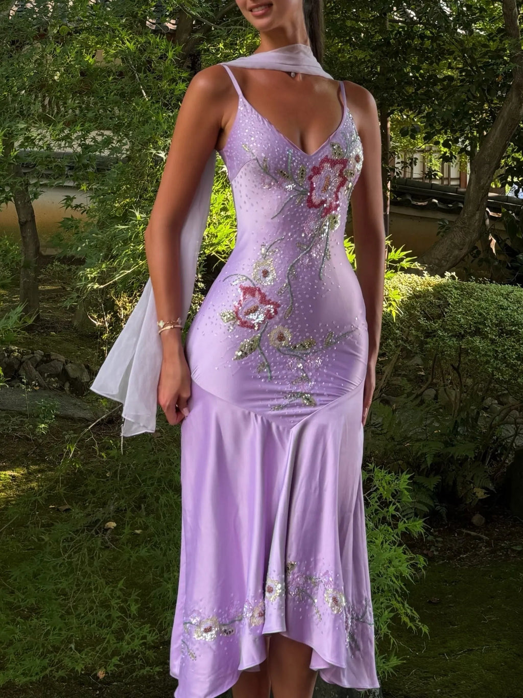 Lavender Embroidered Floral V-Neck Slip Midi Dress