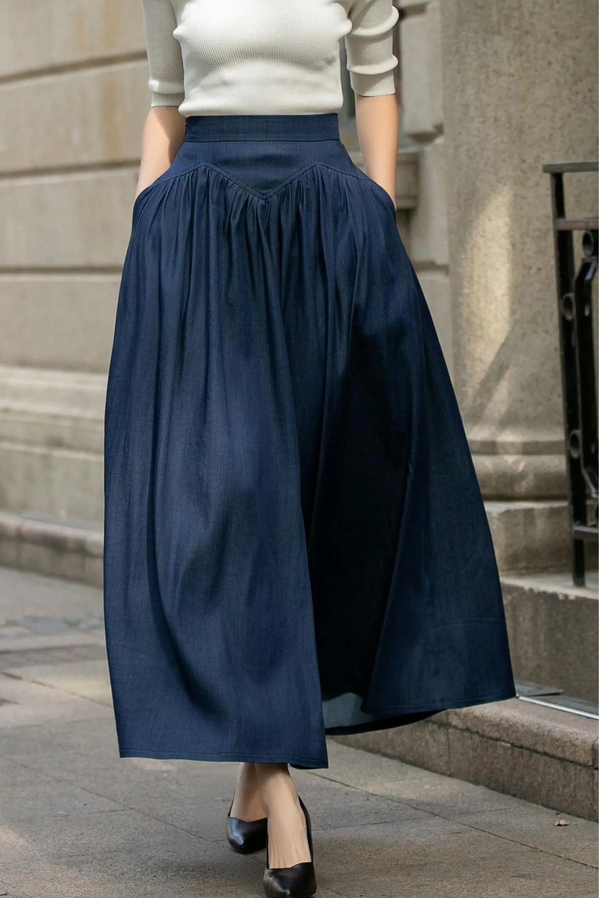 Navy Cotton Maxi Skirt - High Waist Pleated Two Pockets 