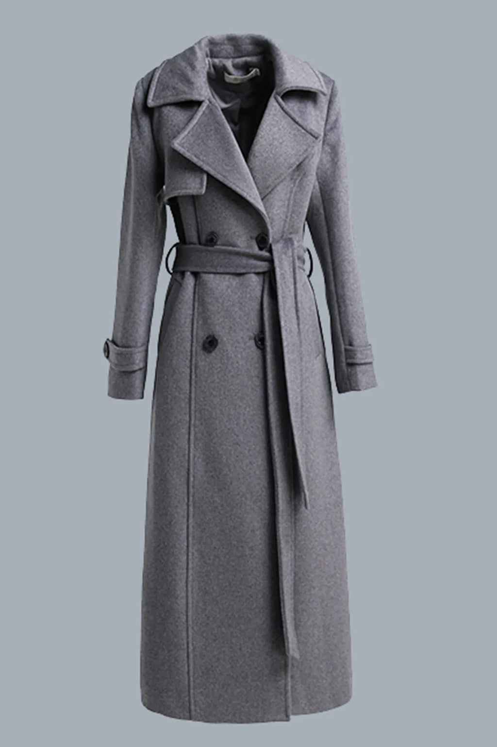 Gray Wool Maxi Coat - Double Breasted with Tie Belt 319501