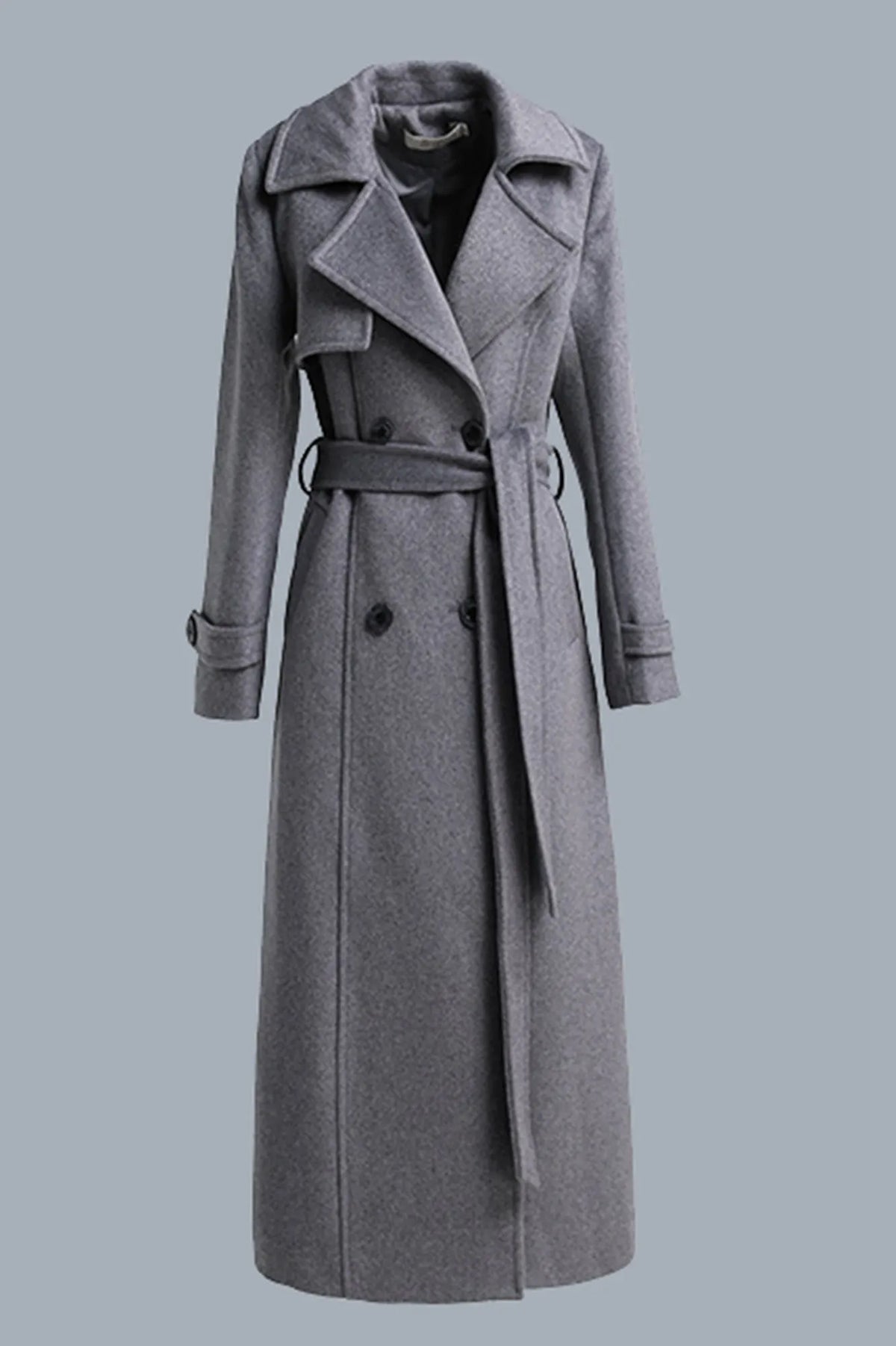 Gray Wool Maxi Coat - Double Breasted with Tie Belt 319501