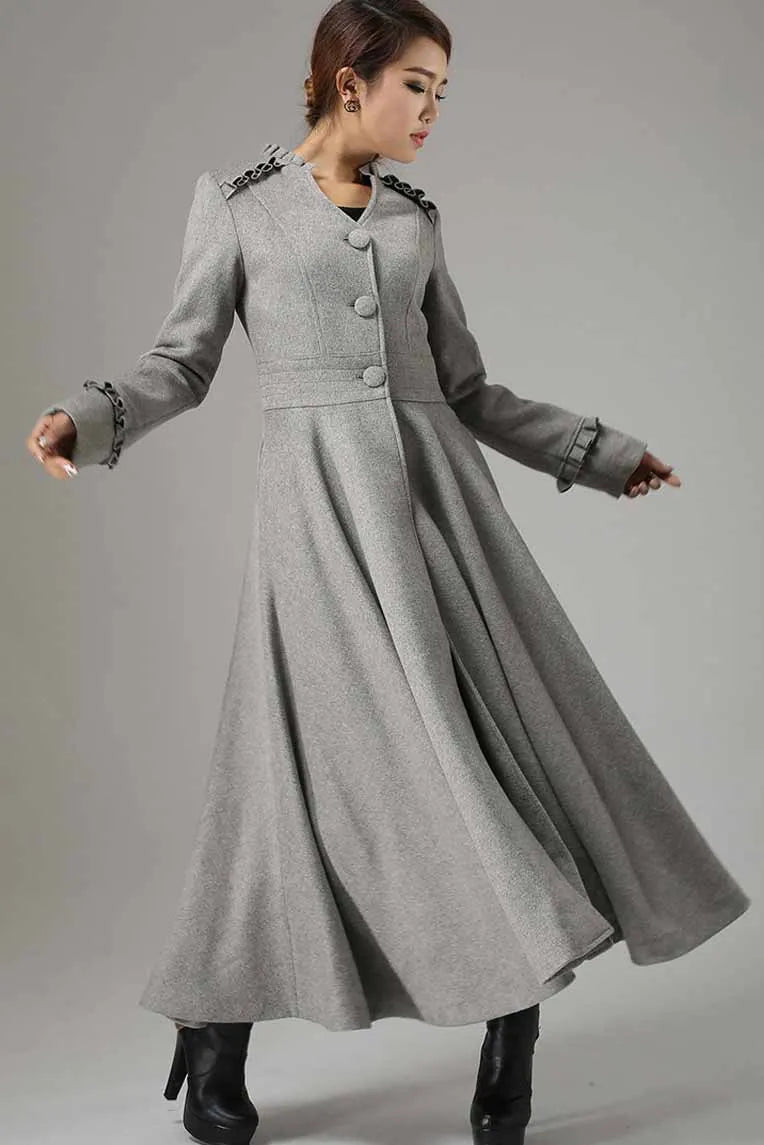Gray Wool Maxi Coat for Women – Ruffle Trim Fit & Flare Winter Overcoat 731