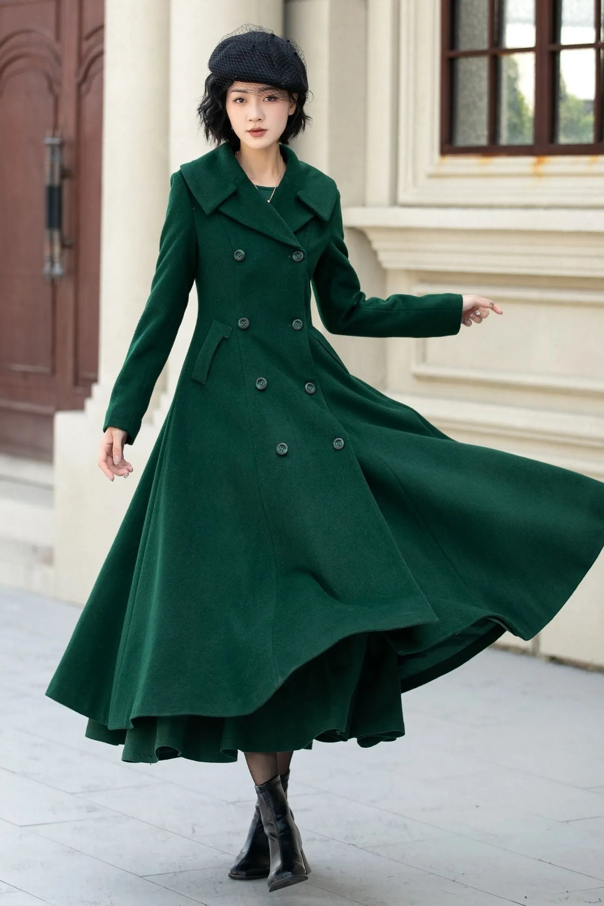 Dark Green Wool Coat - Double Breasted, A-Line Flared Silhouette 5452