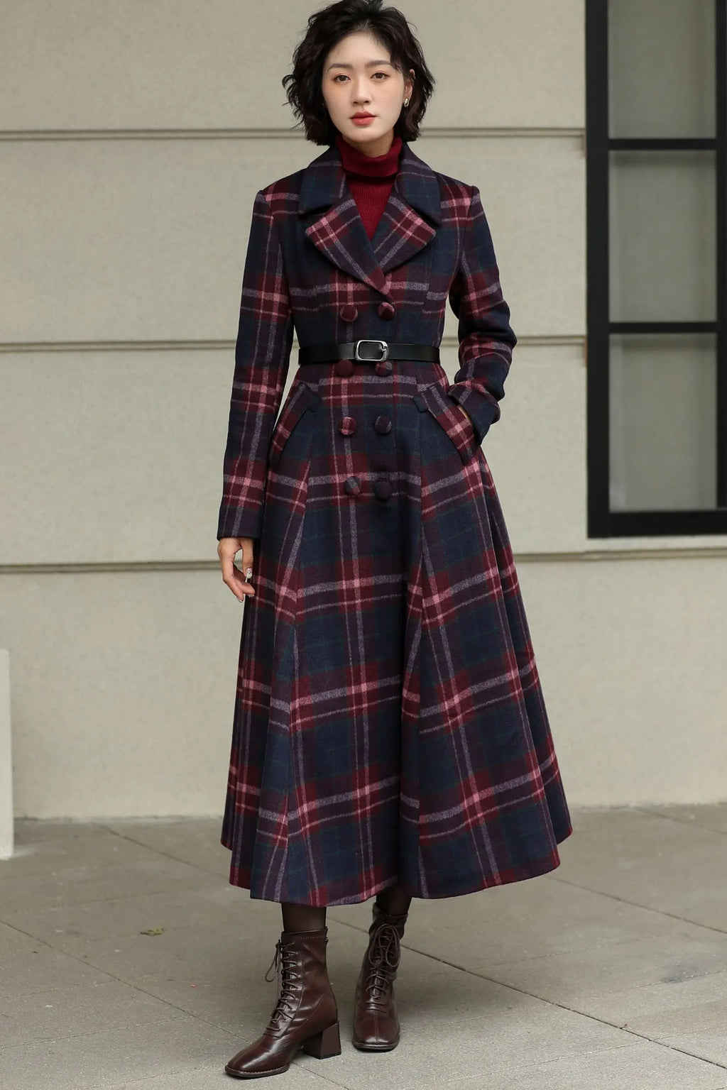 Plaid Wool Swing Coat – Vintage 1950s Double Breasted Long Overcoat 6536