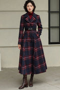 Plaid Wool Swing Coat – Vintage 1950s Double Breasted Long Overcoat 6536