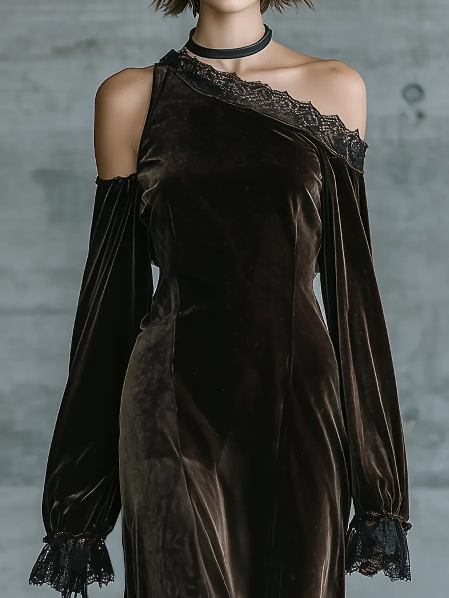 Women's Off Shoulder Velvet Lace Trim Black Dress MDZ0350I2YZJ