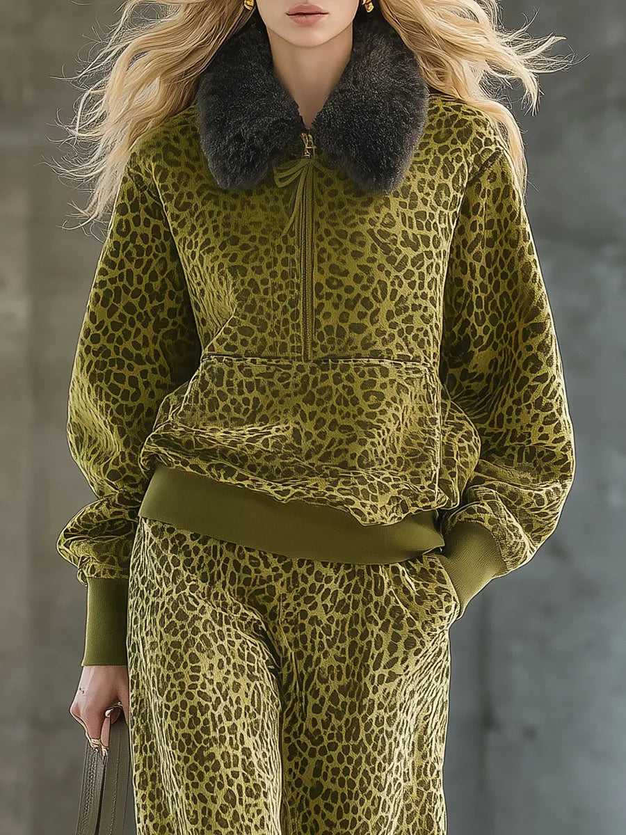 High-end Fashionable Leopard Print Velvet Faux Fur Collar Sweatshirt Wide-leg Pants Suit