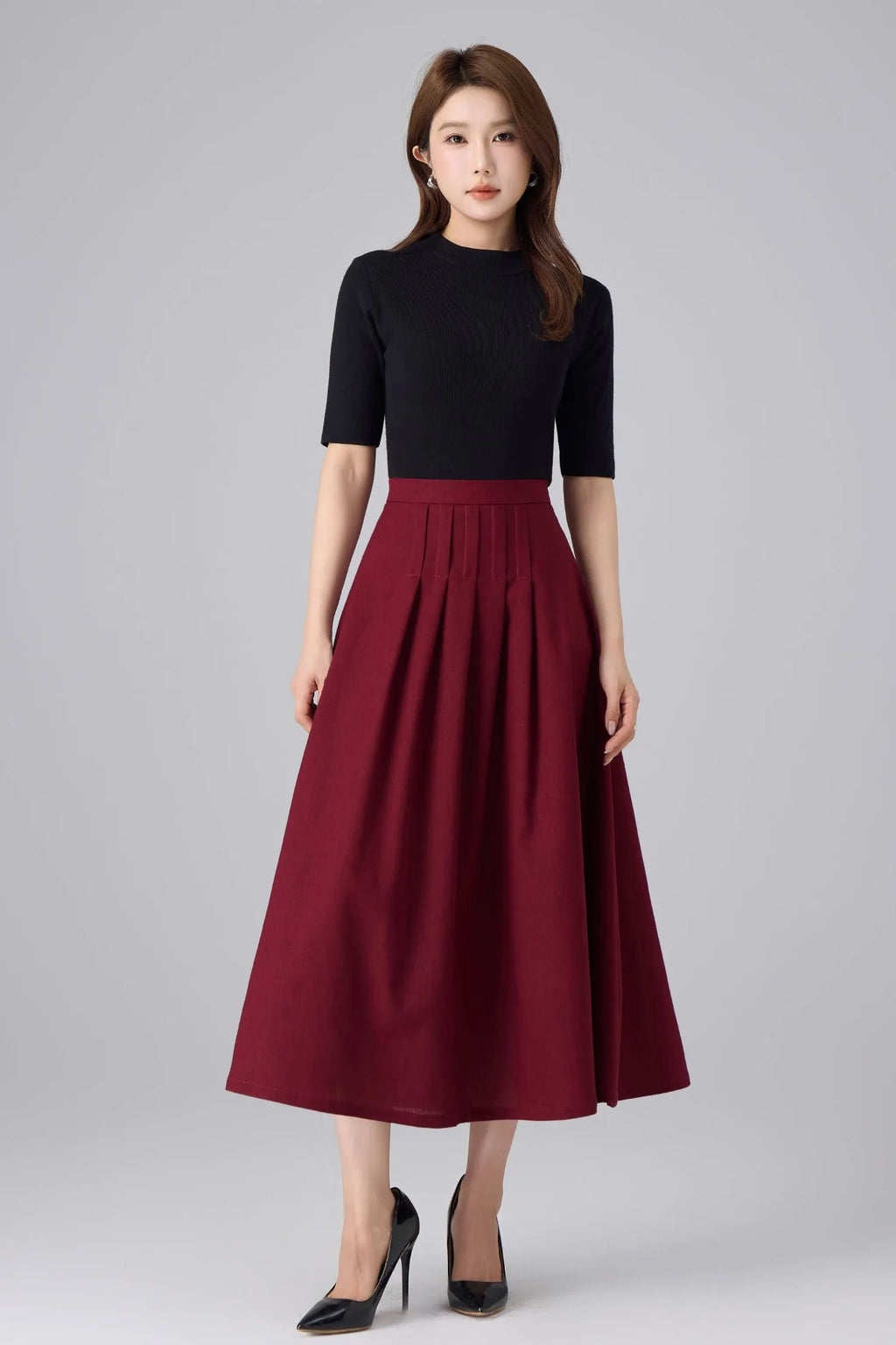 Burgundy Linen Midi Skirt - High Waist Pleated A-Line 