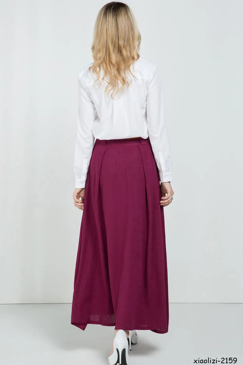 Handmade Linen Maxi Skirt – Wine Red Asymmetrical Long Skirt for Women 