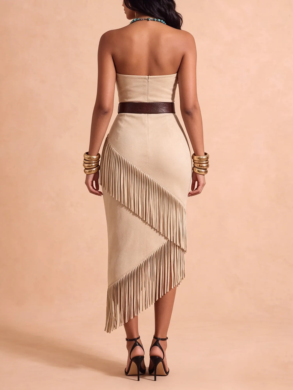 Western-Style Dress — Sand-Colored Strapless Faux Suede Tassel Midi Dress