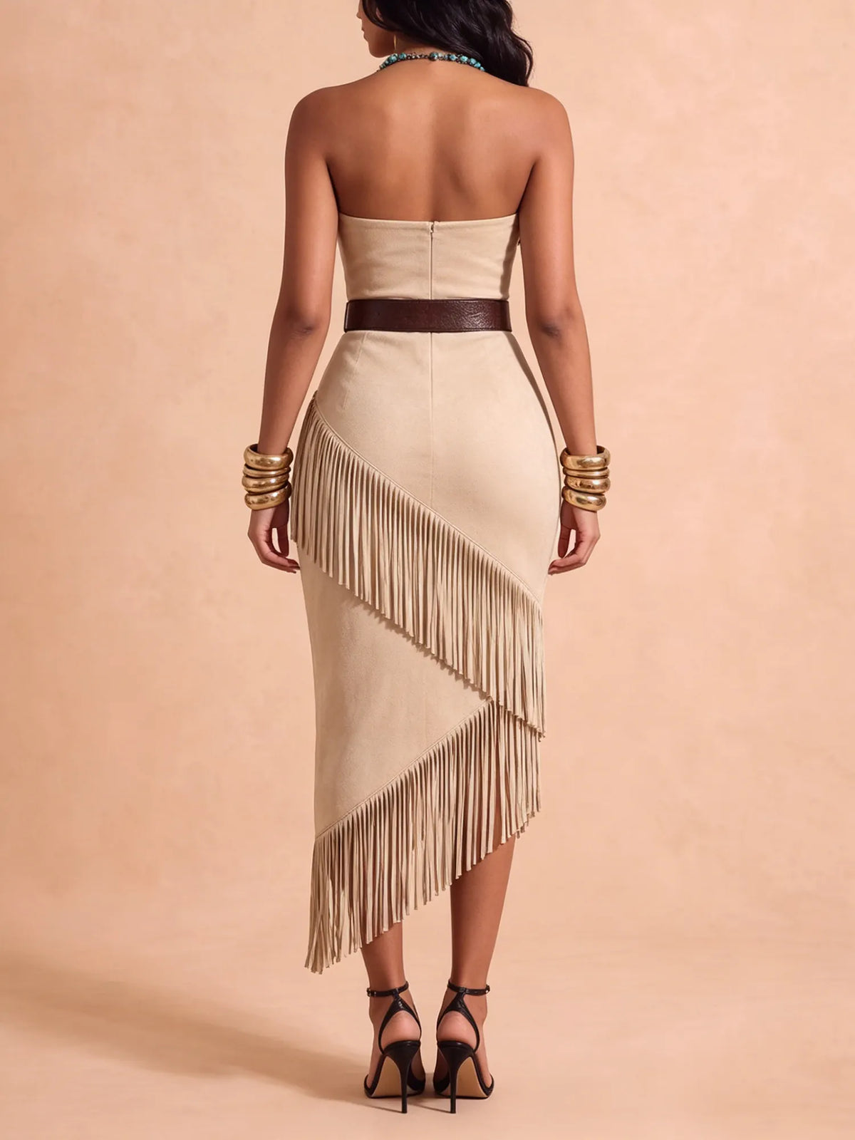 Western-Style Dress — Sand-Colored Strapless Faux Suede Tassel Midi Dress