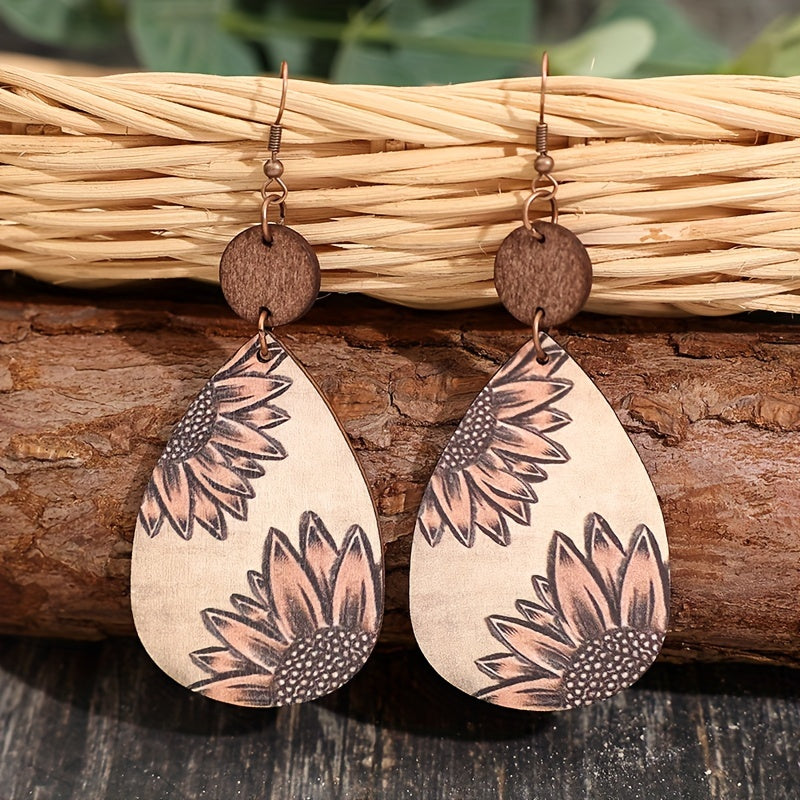 Unique Droplet Shape Wooden Dangle Earrings - Retro Bohemian Style, Sunflower Print, Trendy Female Ear Ornaments with Na