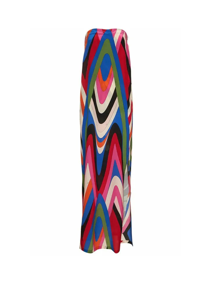 Strapless Side Slit Moiré Print Maxi Dress