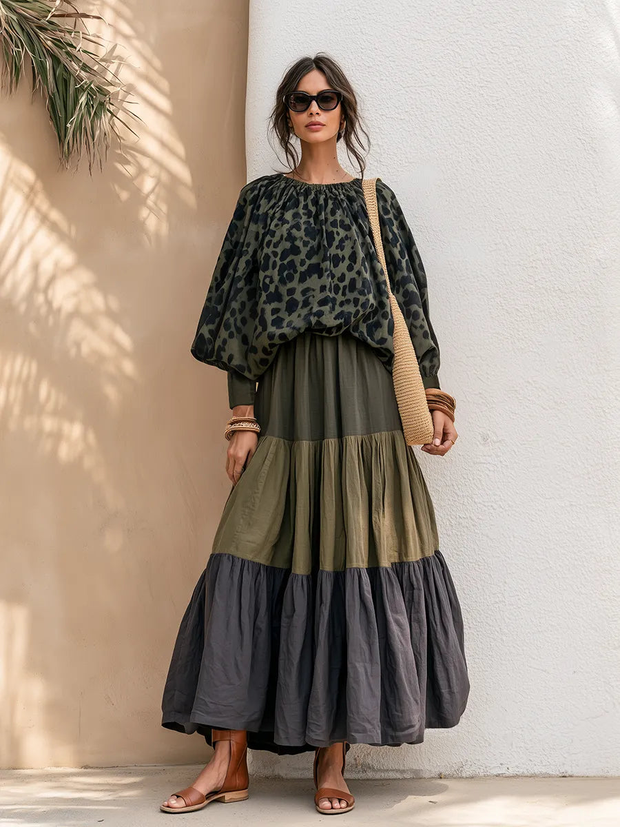 Retro-chic Leopard Print Faux-suede Top And Green Patchwork Cotton-linen Skirt Set