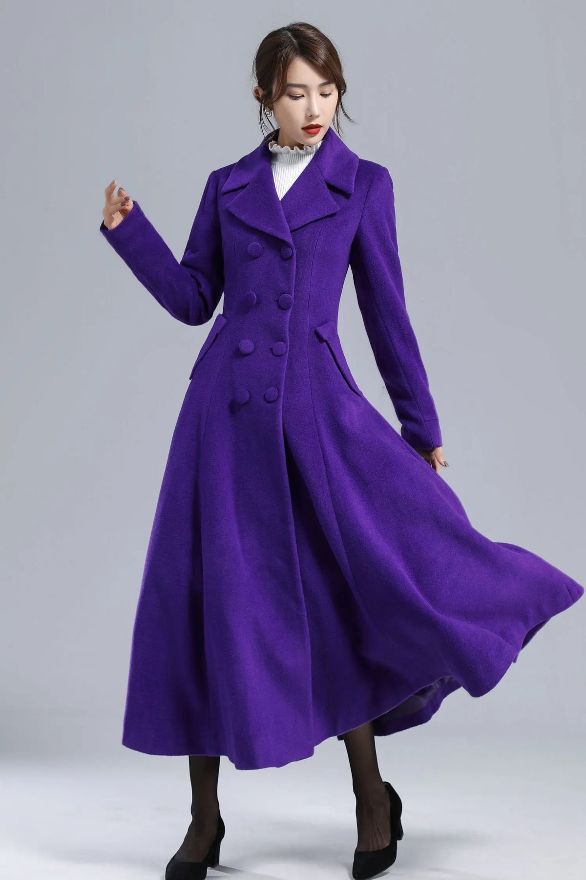 Purple Wool Coat - Vintage Double-Breasted Fit-and-Flare Overcoat 3237