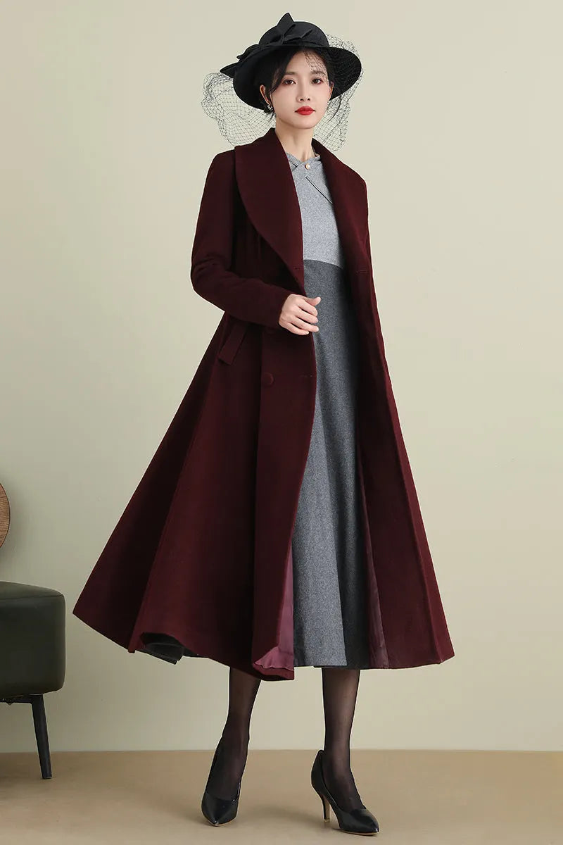 Elegant Wool Blend Coat – Double Breasted A-Line Long Overcoat 