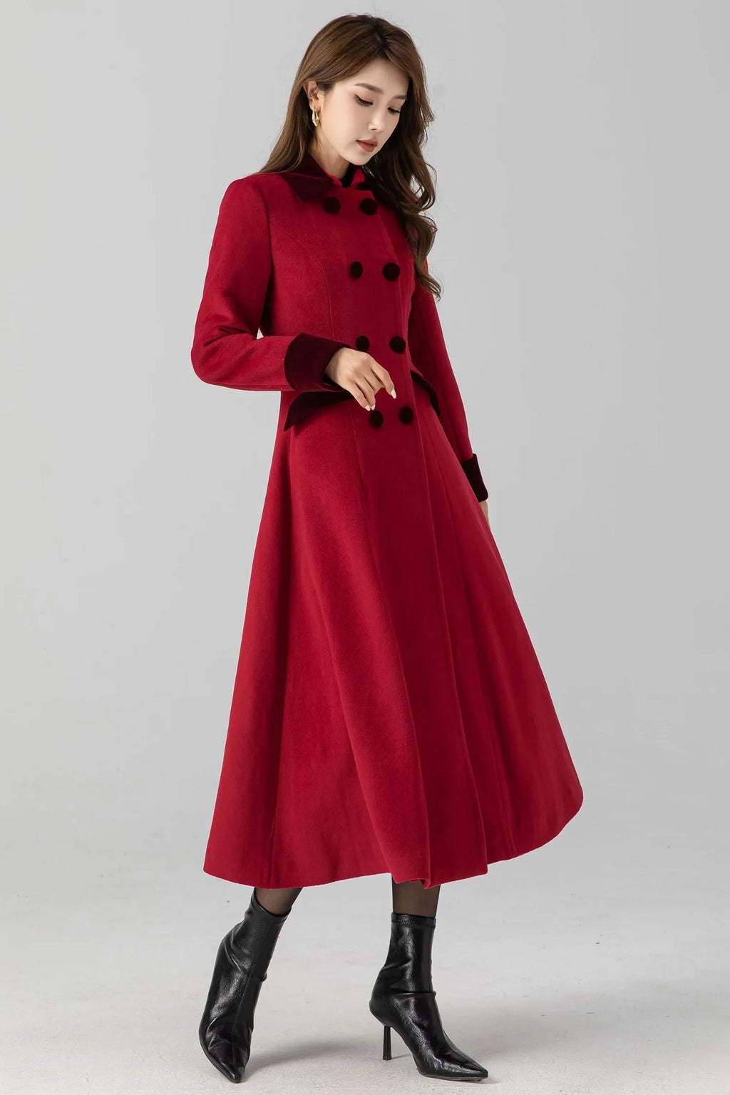 Handmade Vintage Red Wool Coat – A-Line Double Breasted Winter 