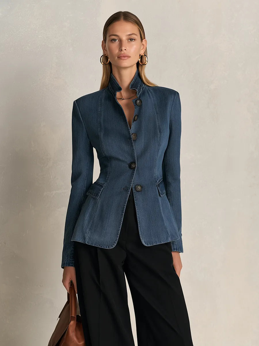 Indigo Stand Collar Denim Blazer Jacket