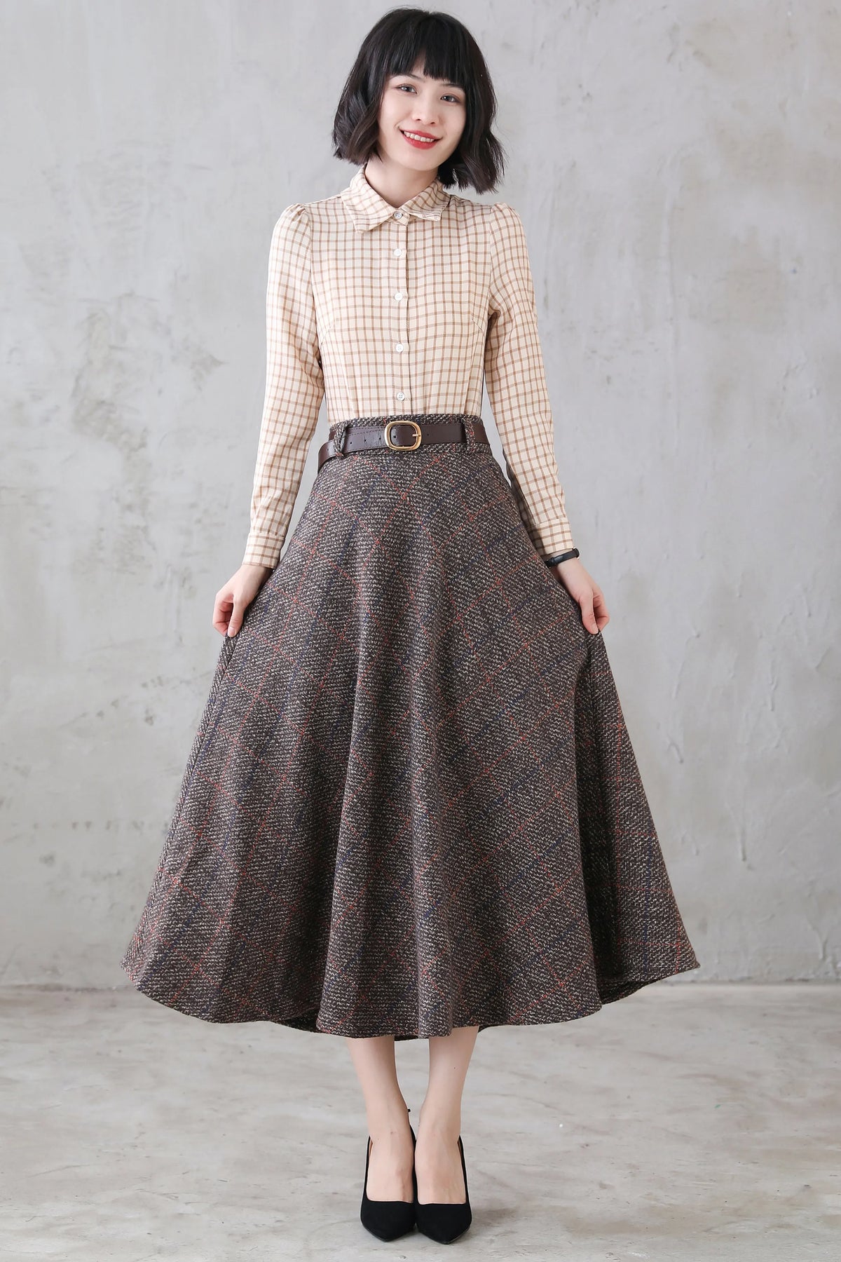 Coffee Plaid Wool Maxi Skirt - Retro Flared Ankle-Length 3119
