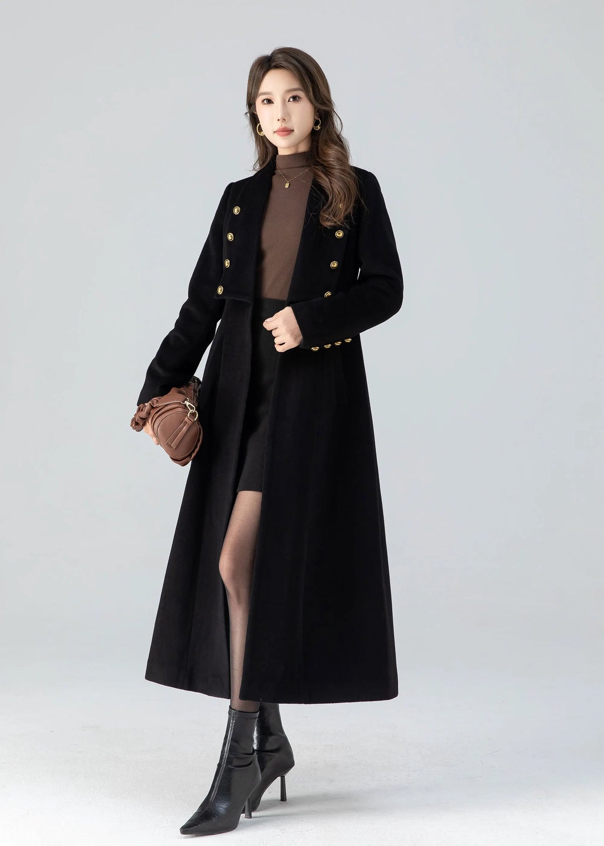 Black Wool Midi Coat - A-Line Swing Fit with Gold Button Detail 4783