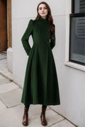 Forest Green Wool Coat - Vintage A-Line Silhouette with Stand Collar 5488