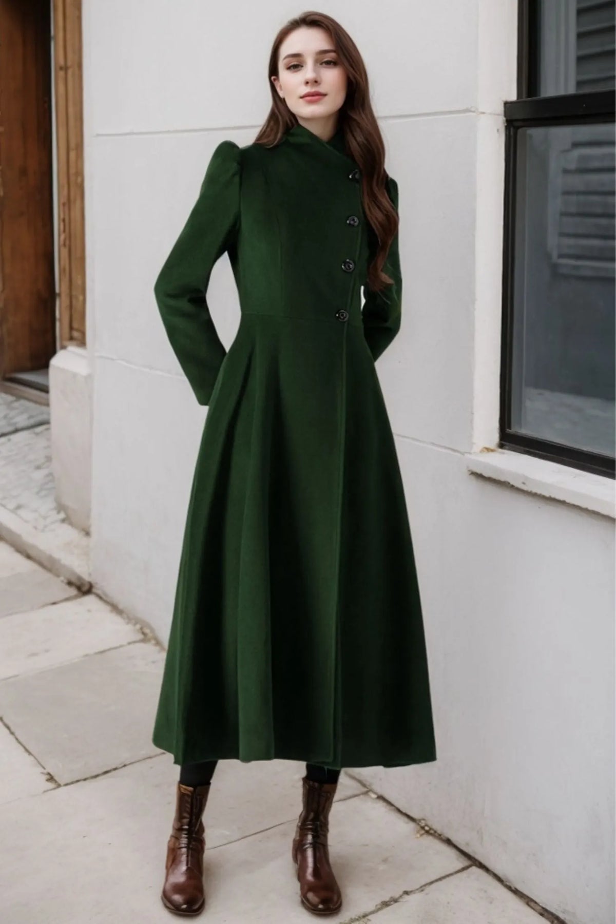Forest Green Wool Coat - Vintage A-Line Silhouette with Stand Collar 5488