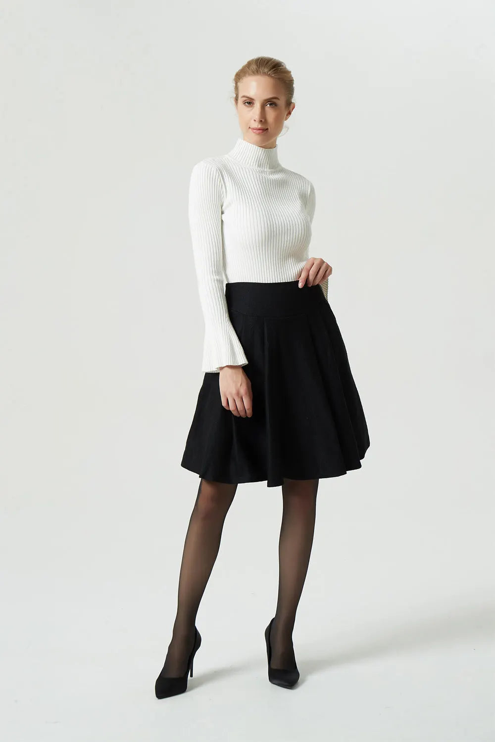 Black Wool Skater Skirt - Pleated Midi with Wide Waistband 1990