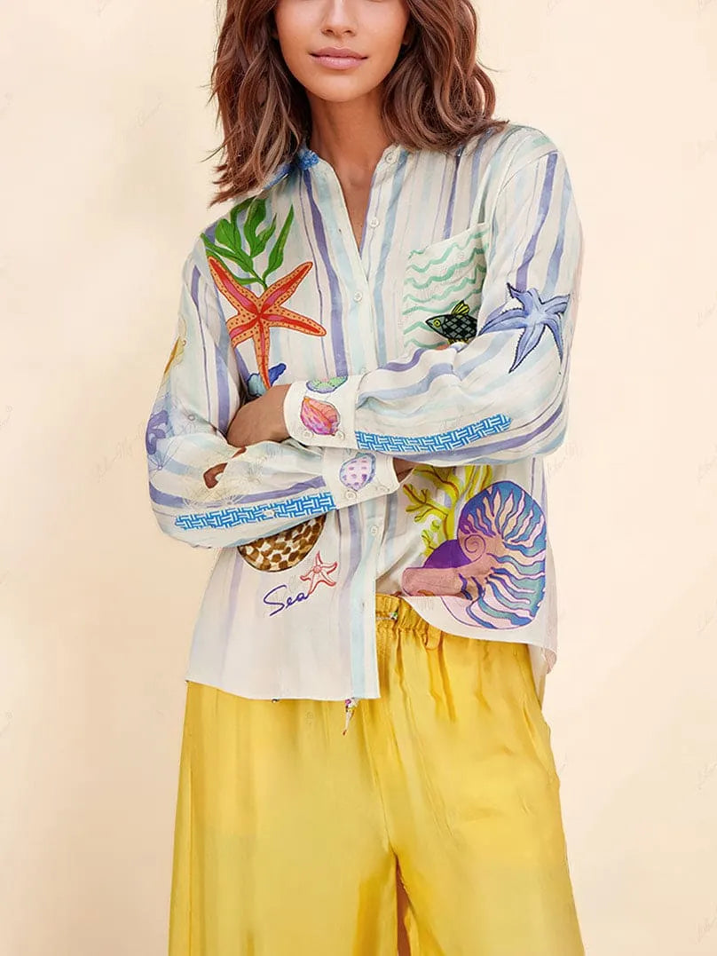 Ocean Theme Print Pants-Set