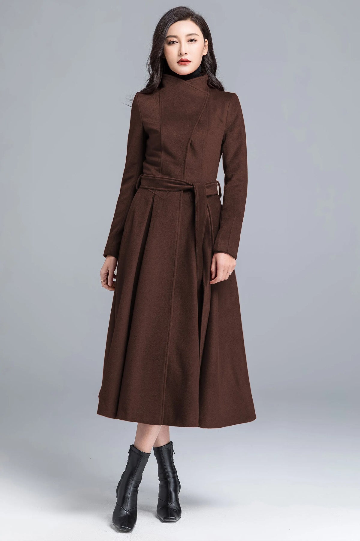 Vintage Wool Blend Coat – Handmade Brown Long Winter Coat with Belt 