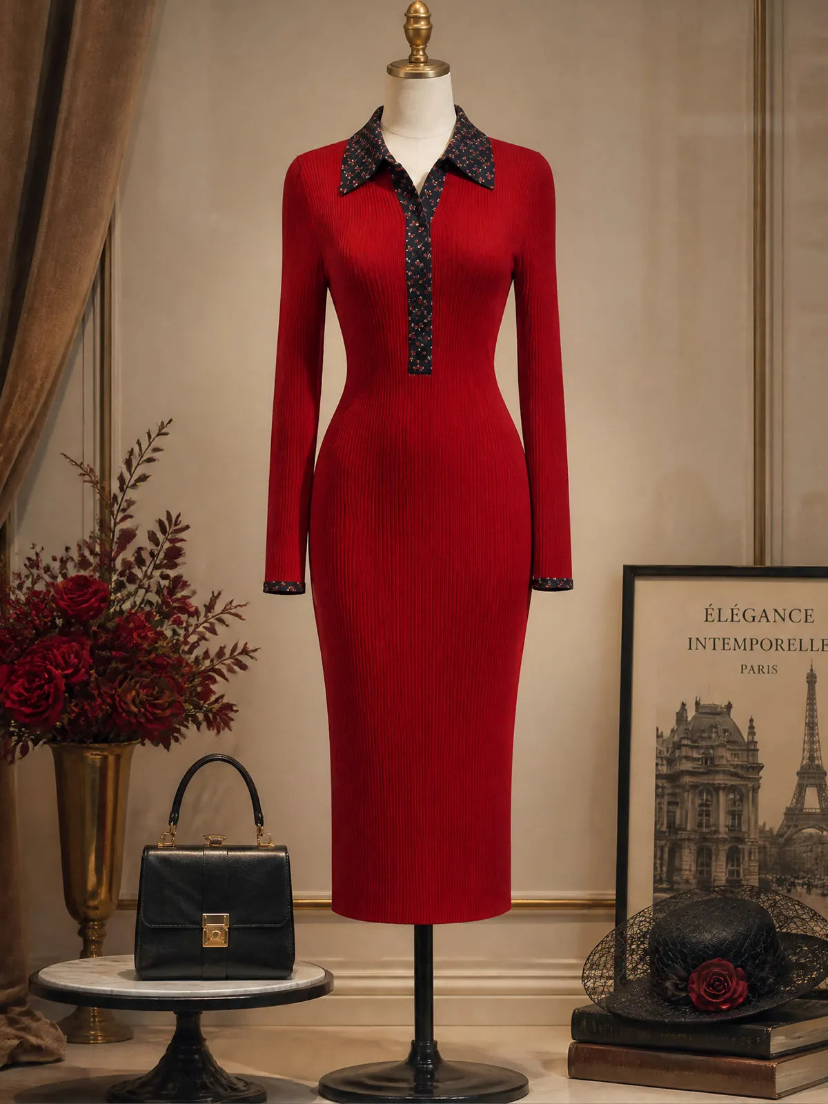 Vintage Red Polka-Dot Collar Ribbed Bodycon Knit Dress