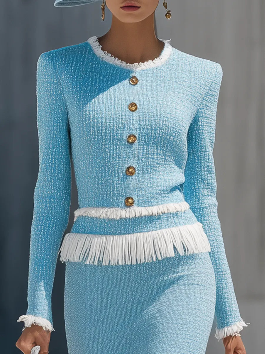 Elegant Vintage Gold Button Tassel Tweed Top And Skirt Set