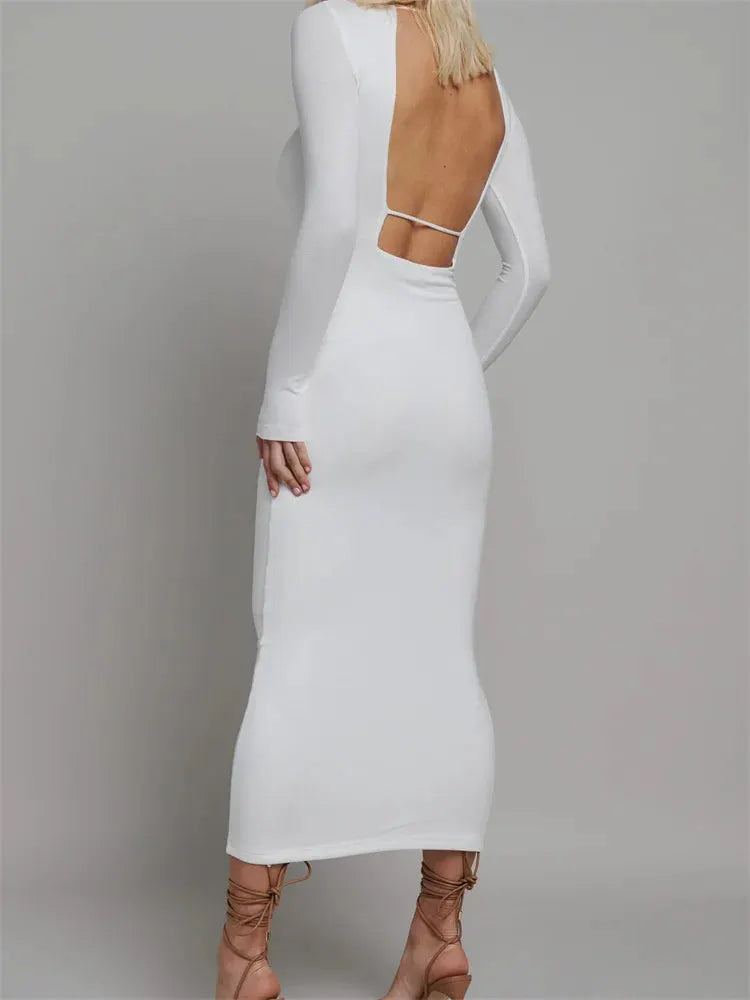 Round Neck Hollow Out Party Clubwear for Women Backless Sleeve Solid Color Slim Fit Vestidos