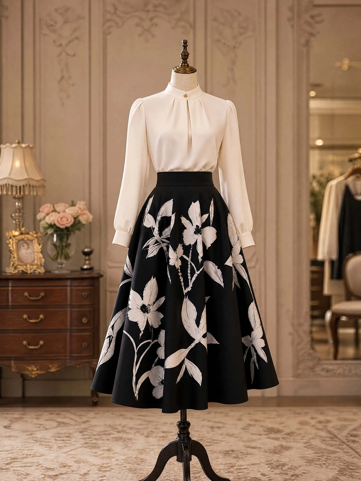 Vintage Black White Floral Print Maxi Swing Skirt