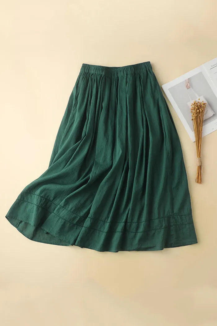 White Linen Maxi Skirt - Elastic Waist A-Line Flowing Design 3590