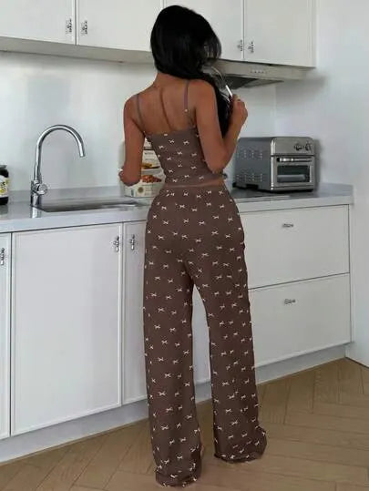 Pink Bow Lace Patchwork Cami Pajama Set
