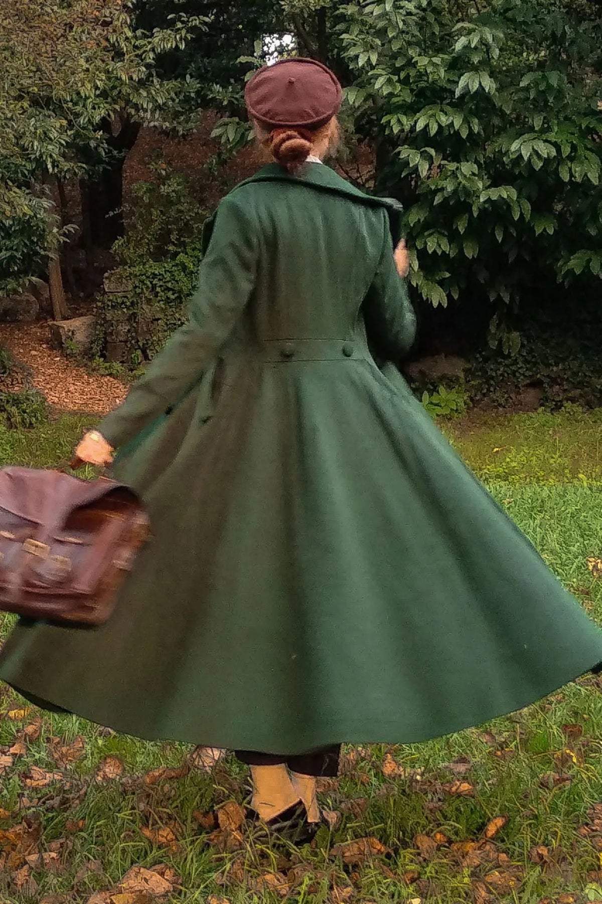 Handmade Dark Green Wool Maxi Coat – Vintage Double Breasted Fit and Flare 