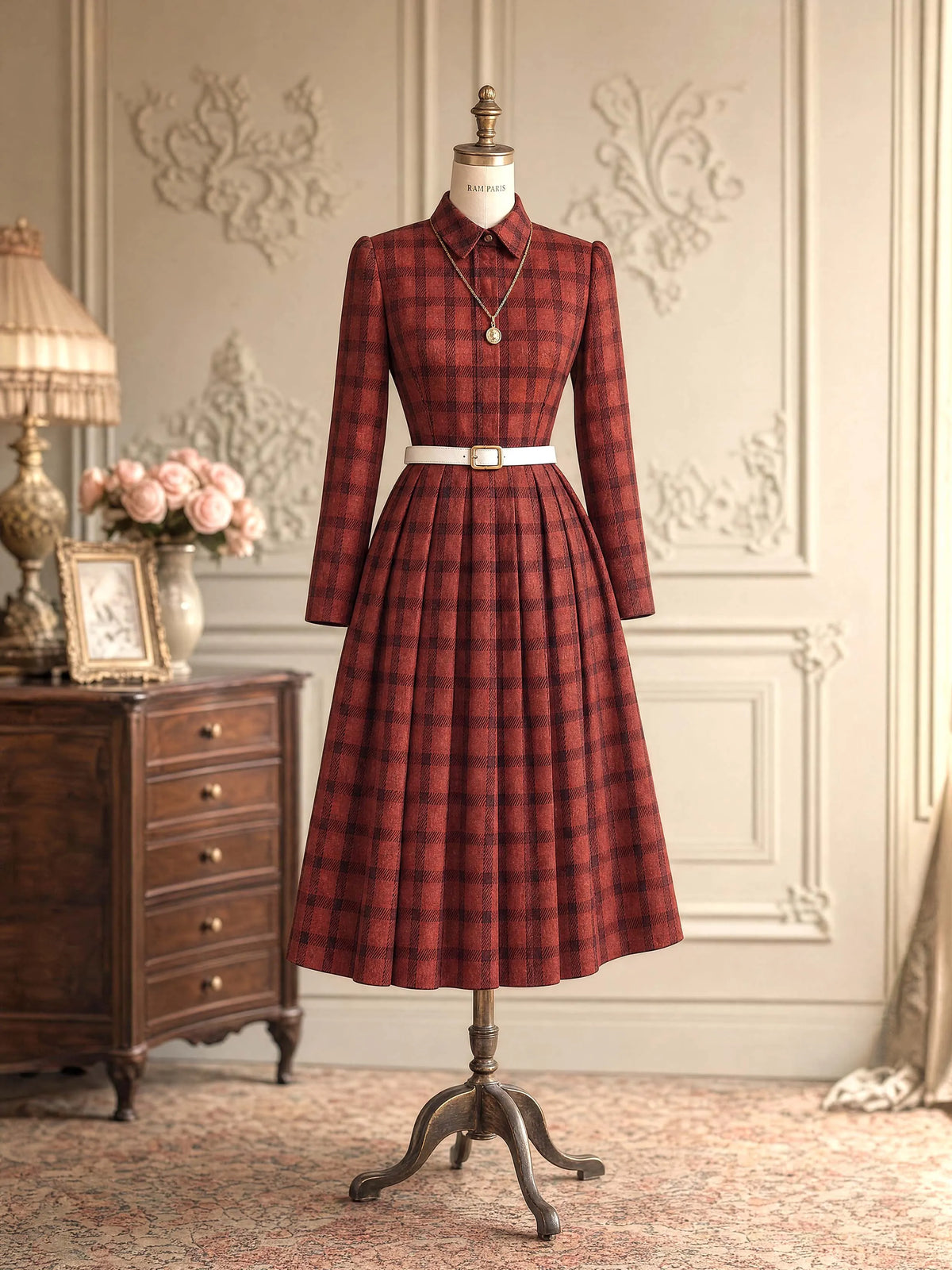 Vintage Plaid Collared Midi Dress