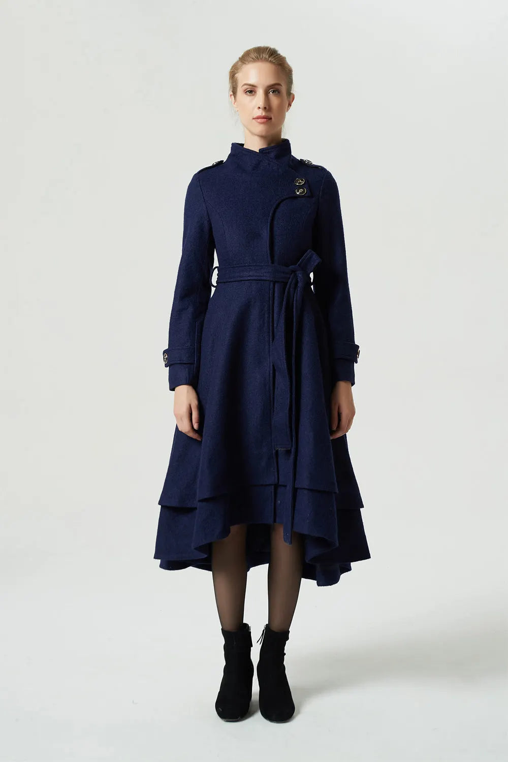 Vintage Wool Coat for Women – Handmade Navy Asymmetrical Belted Long Winter Coat 