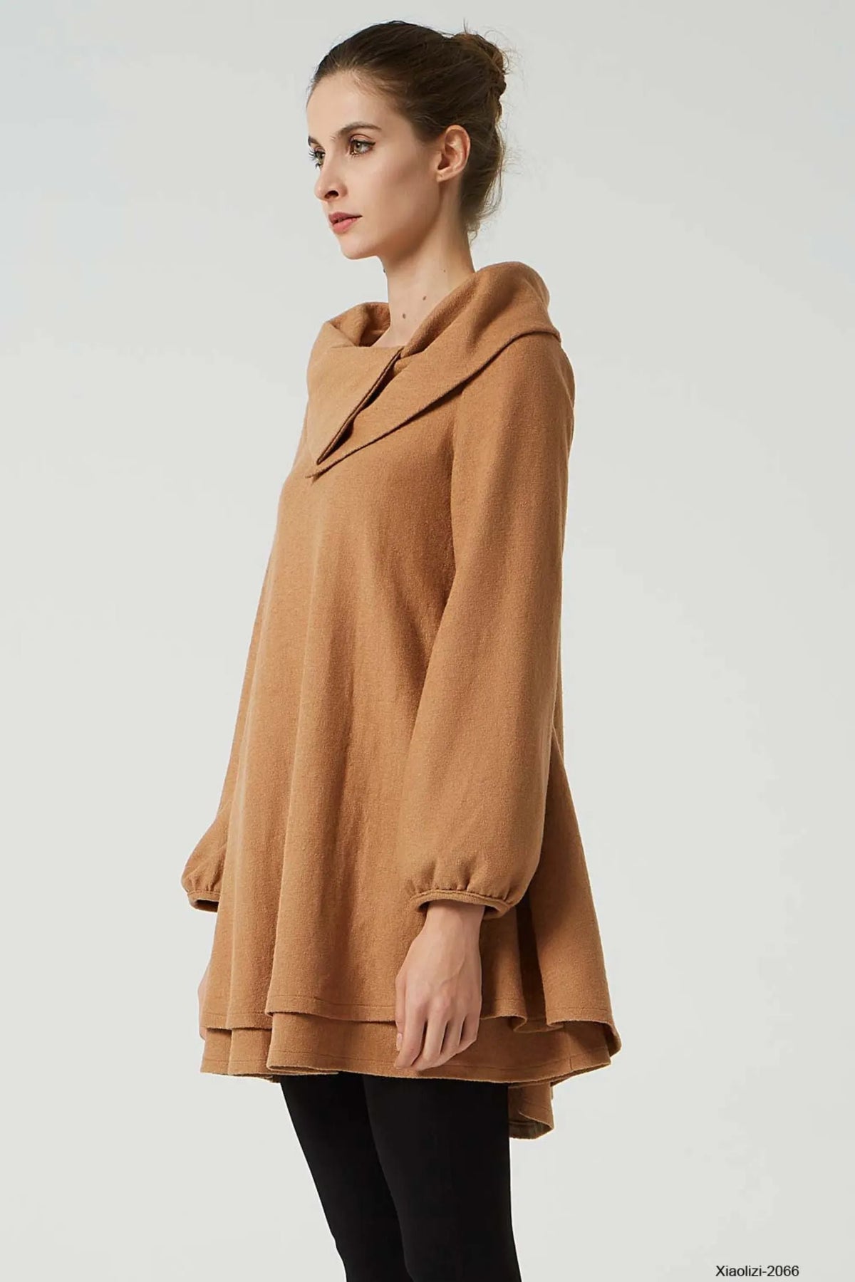 Camel Wool Tunic Dress - Oversized Silhouette with Asymmetrical Collar 2066