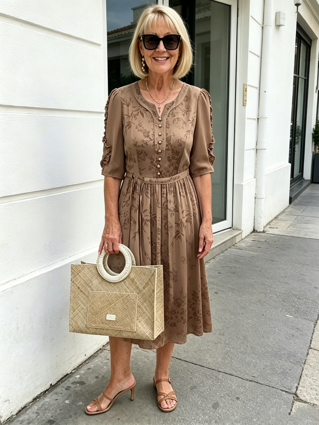 Coffee Brown Floral Print Midi Dress, Split Neck Button Front Ruffle 3/4 Sleeve Tie Waist Slimming Dress for Mature Wome