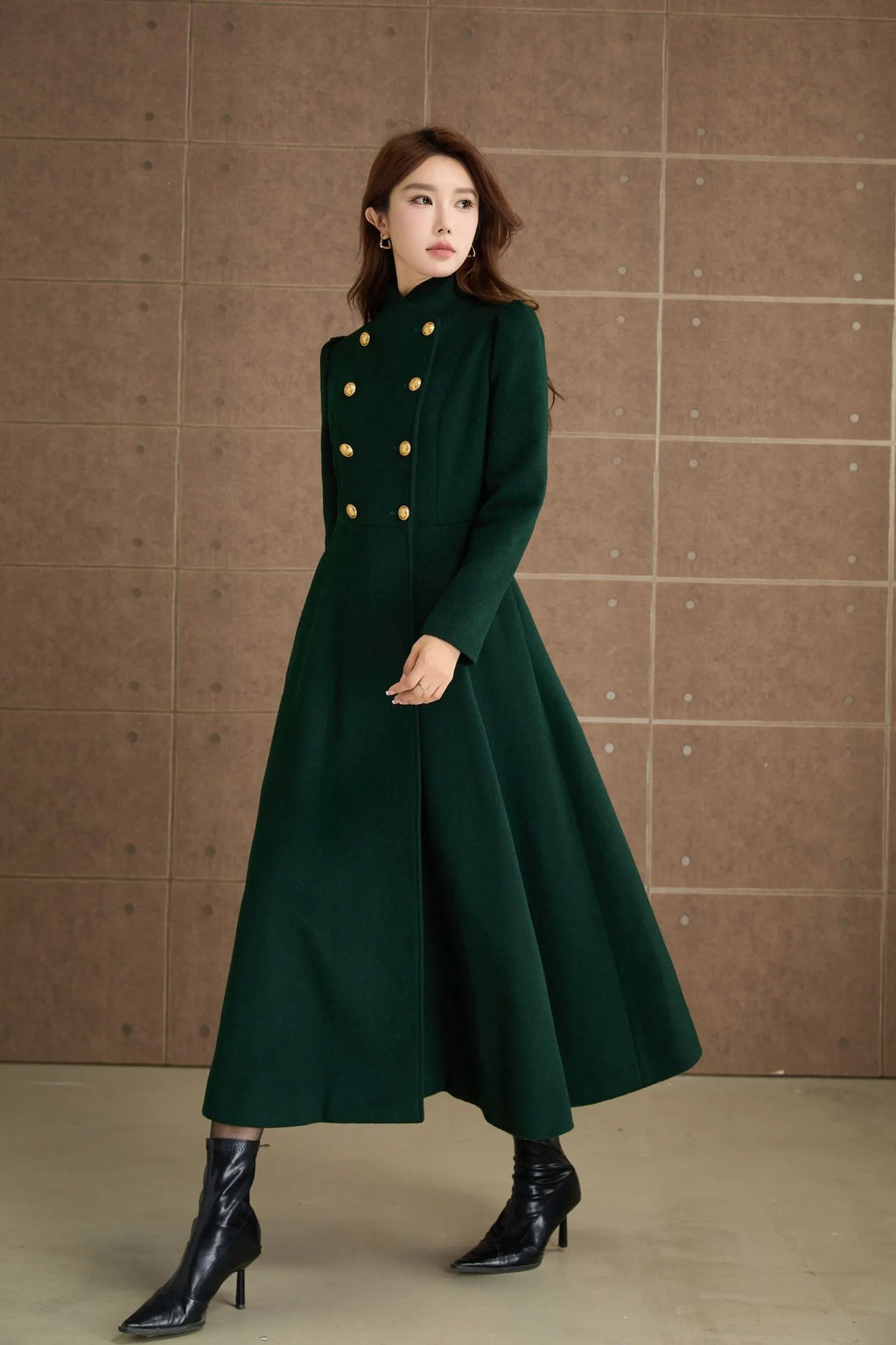 Green Wool Midi Coat - Fit and Flare Double Breasted Winter Outerwear 5368
