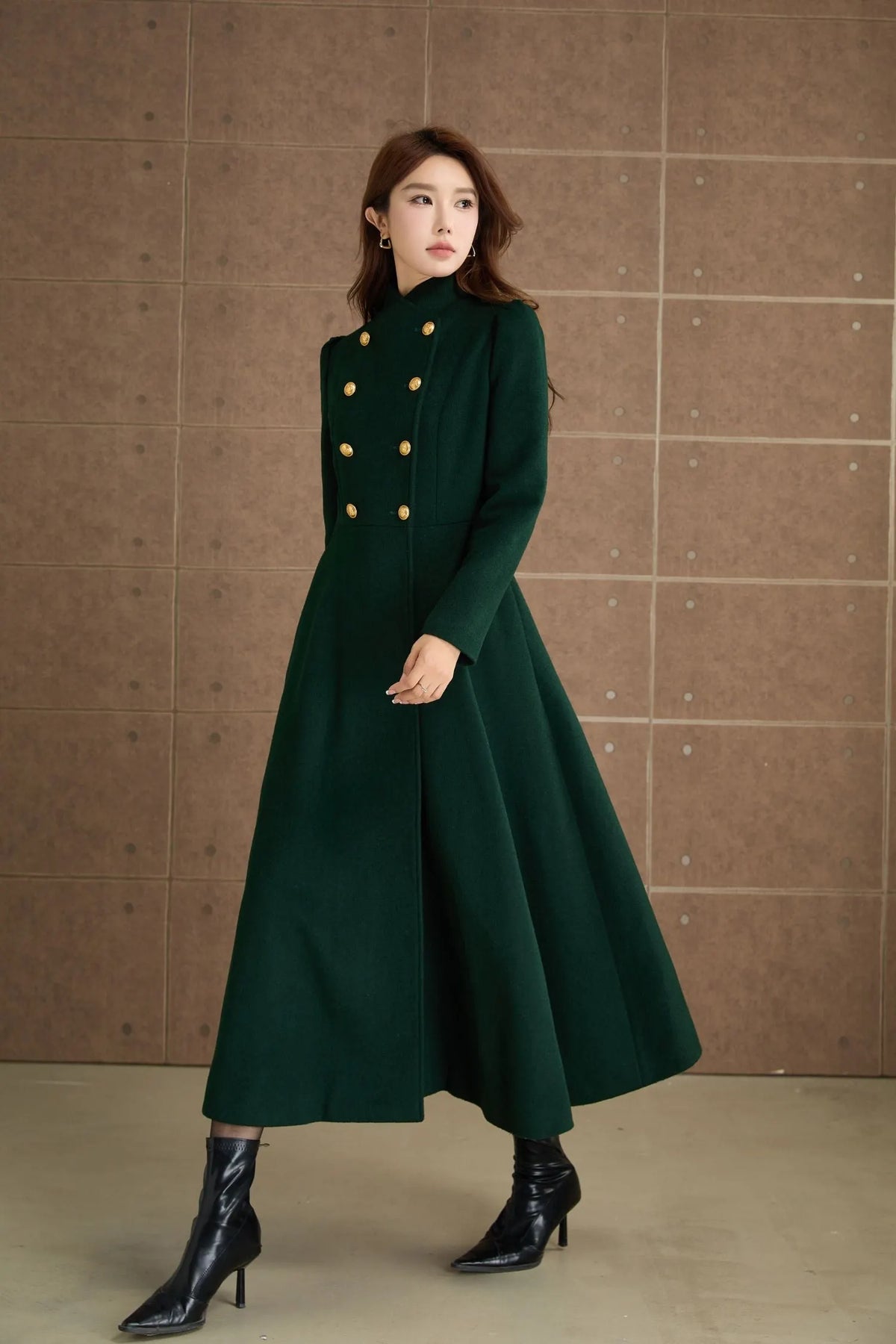Green Wool Midi Coat - Fit and Flare Double Breasted Winter Outerwear 5368